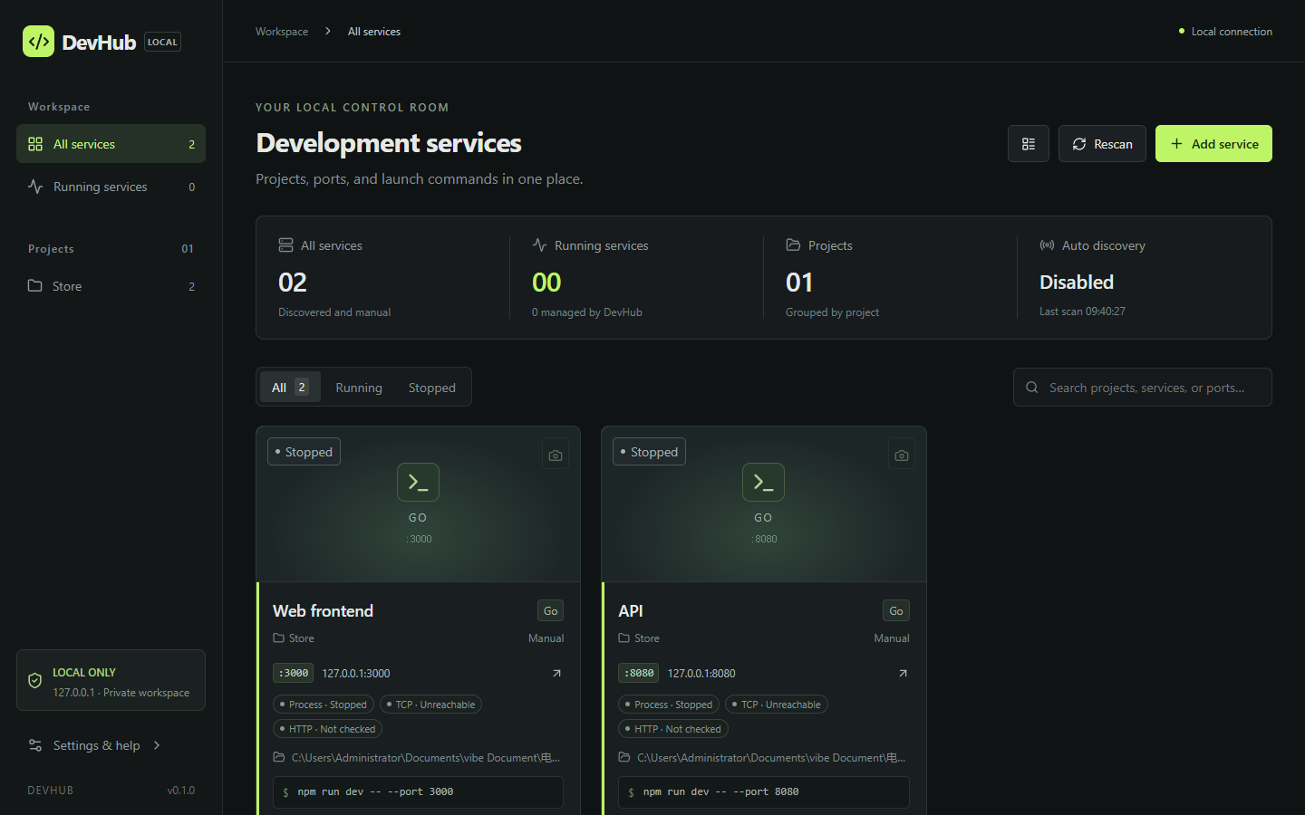 DevHub workbench: services grouped by project, each card showing port, process, TCP and HTTP health, and its launch command.